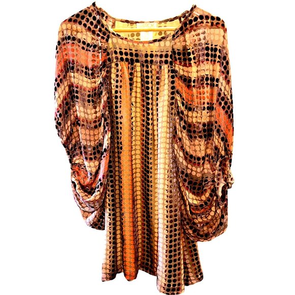 LaRok Silk Blend Tunic Dress Velvet Dot Ruched Sheer Sleeve Boho Chic Size Small - Picture 2 of 10